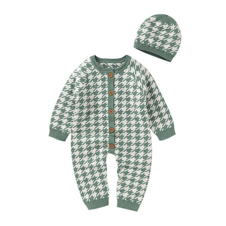 

Baby Newborn Knitted Sweater Romper Longsleeve Outfit Cotton Jumpsuit with Warm Hat Set