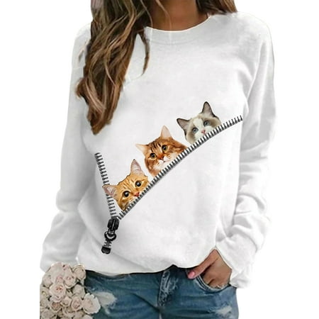 

Bomotoo Women Cat Print Long Sleeve Tops Casual Crew Neck Comfy Pullover Blouses T Shirts Pajama Lounge Wear Shirts