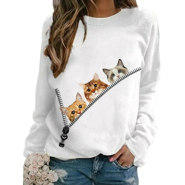 Fashnice Chandail en Molleton pour Femmes Col Rond Hauts Imprimé Chat Chandail Loisirs Automne Blanc P