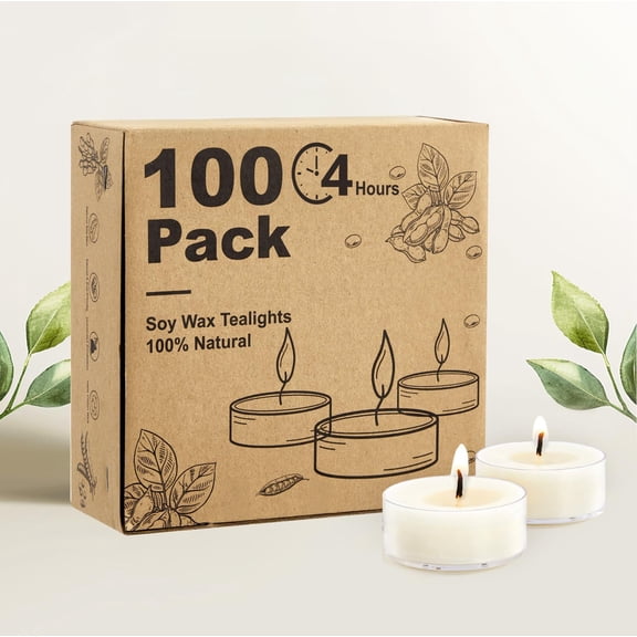 100 Pack Unscented Soy Tea Lights, 4 Hour Burn Smokeless Votive Candles for Wedding Christmas