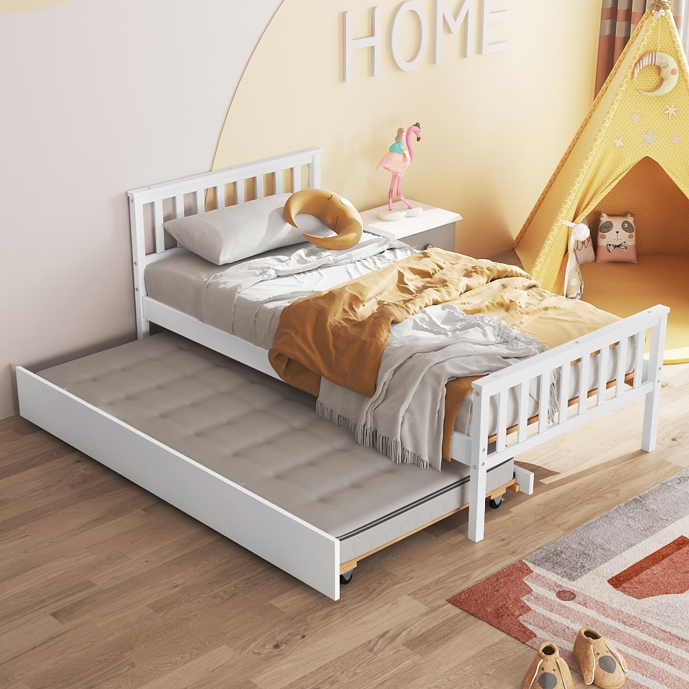 Solid Wood Platform Bed with Headboard and Footboard, Twin Size Trundle Beds for Kids Adult, Twin Bed with Trundle Included, No Box Spring Needed, White, J2382 - Walmart.com