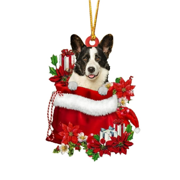 pstuiky Preciosa etiqueta navideña con flores y perro, adornos navideños, colgante para árbol de Navidad, decoración de árbol de Navidad estilo cabaña, árbol de Navidad verde