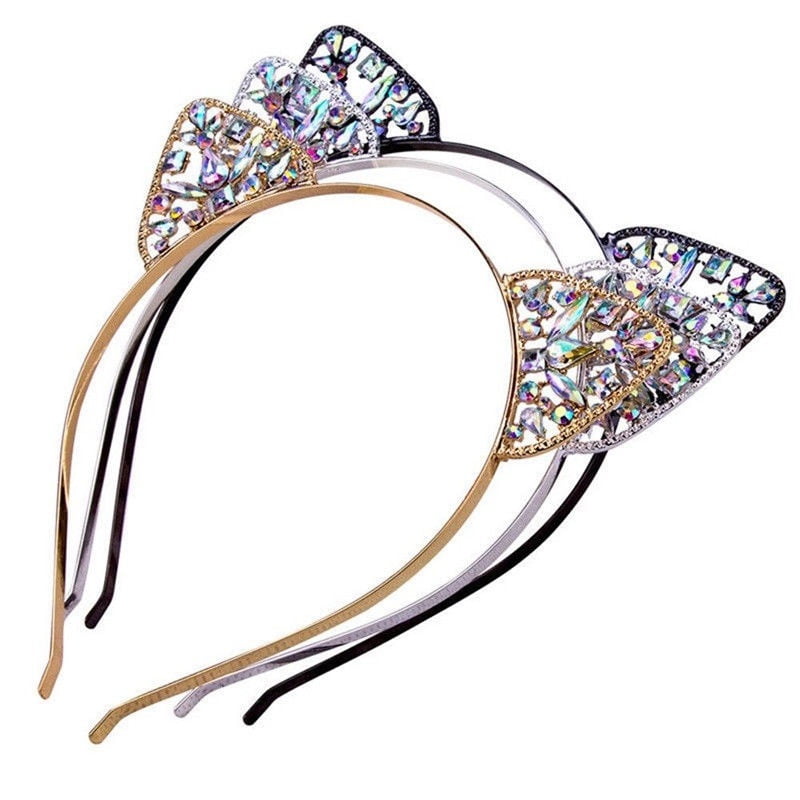 Gold and Silver 2 Pieces Crystal Rhinestone Metal Cat Ear Headband Hair Bands