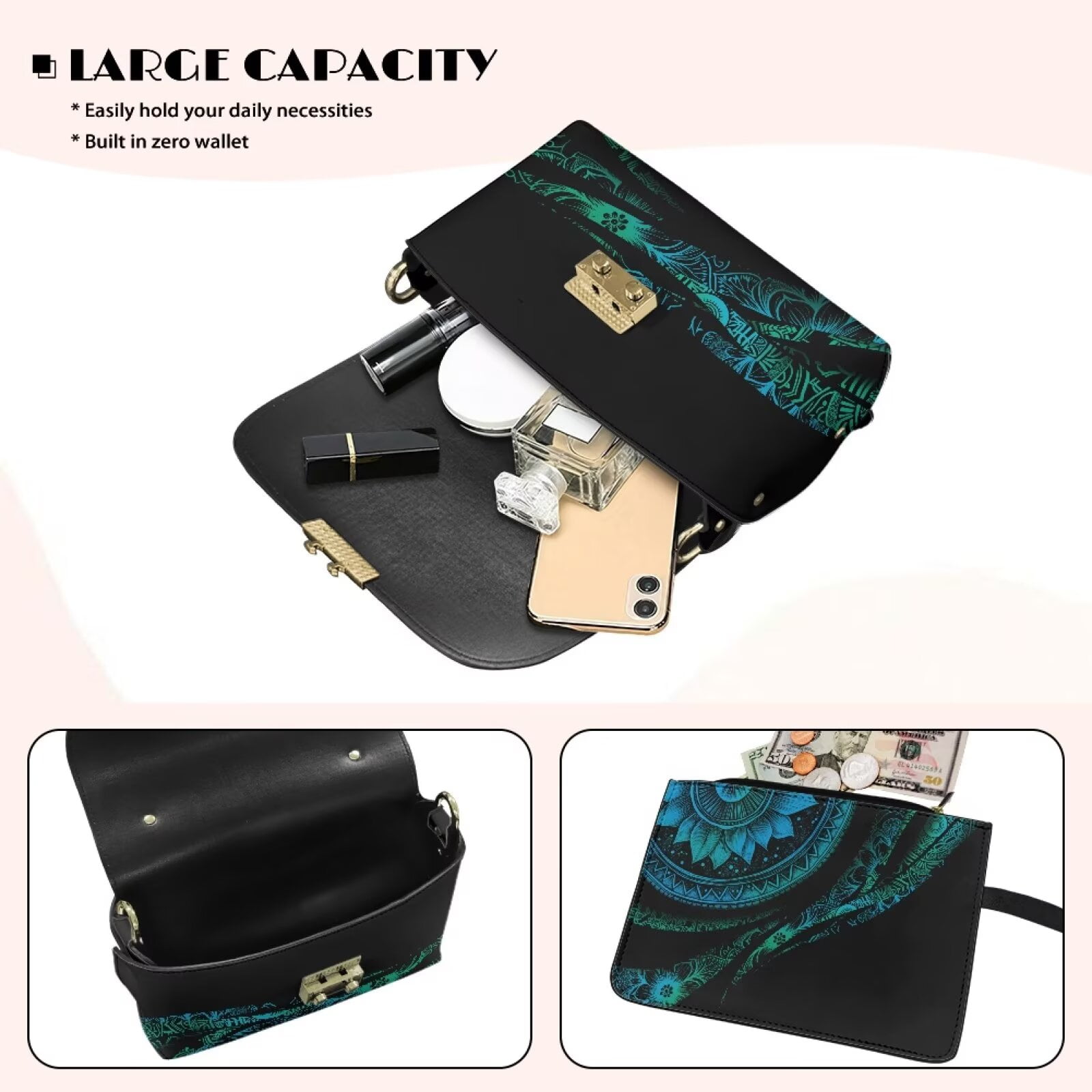 Pzuqiu Mandala Leather Cross Body Bag Exquisite Fashion Women Leather Crossbody Bag with Chain Lightness Functional Quilted Crossbody Purse for Women for Daily Use