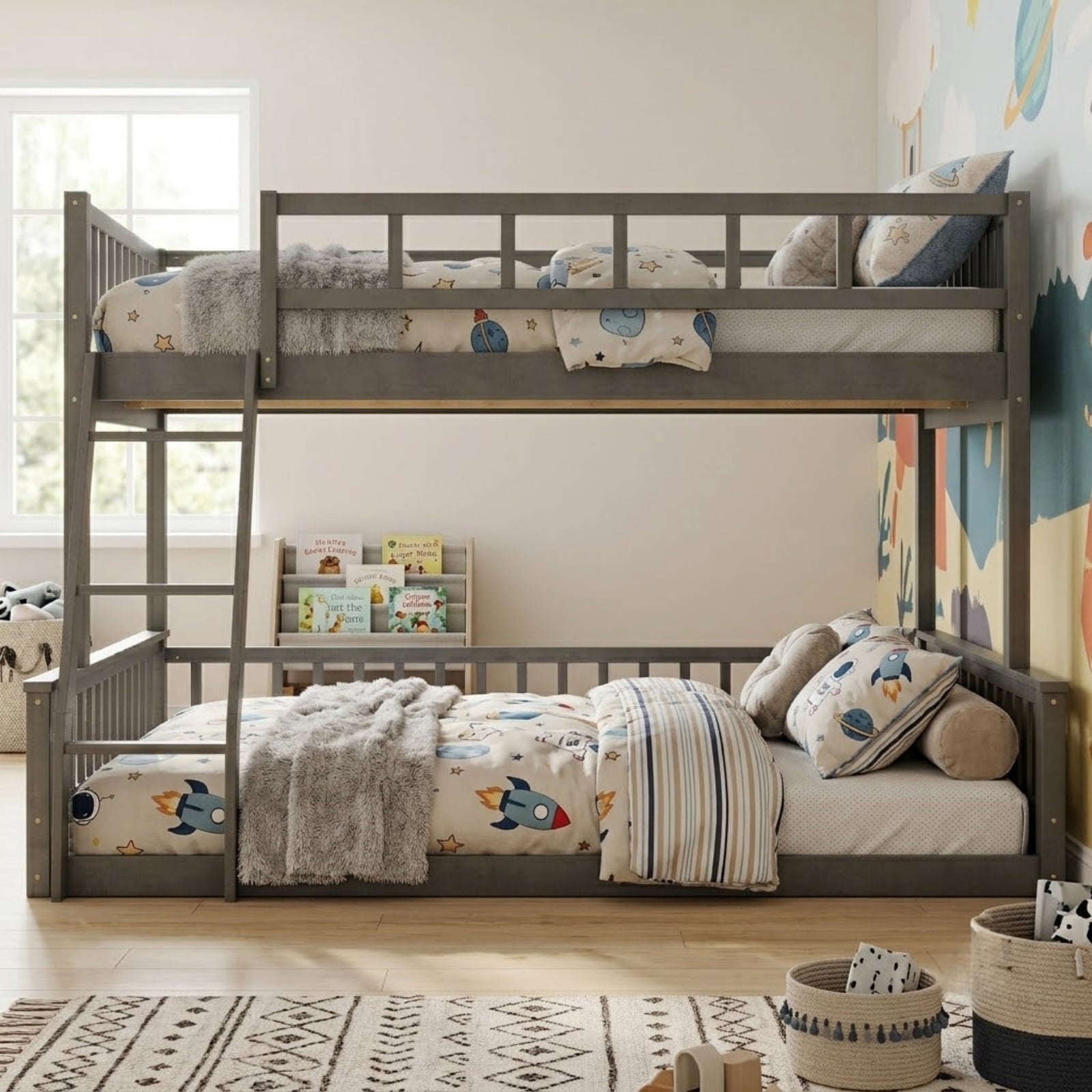 Full XL Over Queen Bunk Bed for Kids Adults, Queen Size Floor Bunk Beds with Inclined Ladder, Solid Wood Low Bunk Bed,Detachable Bunk Beds for Teens,Girls,Boys