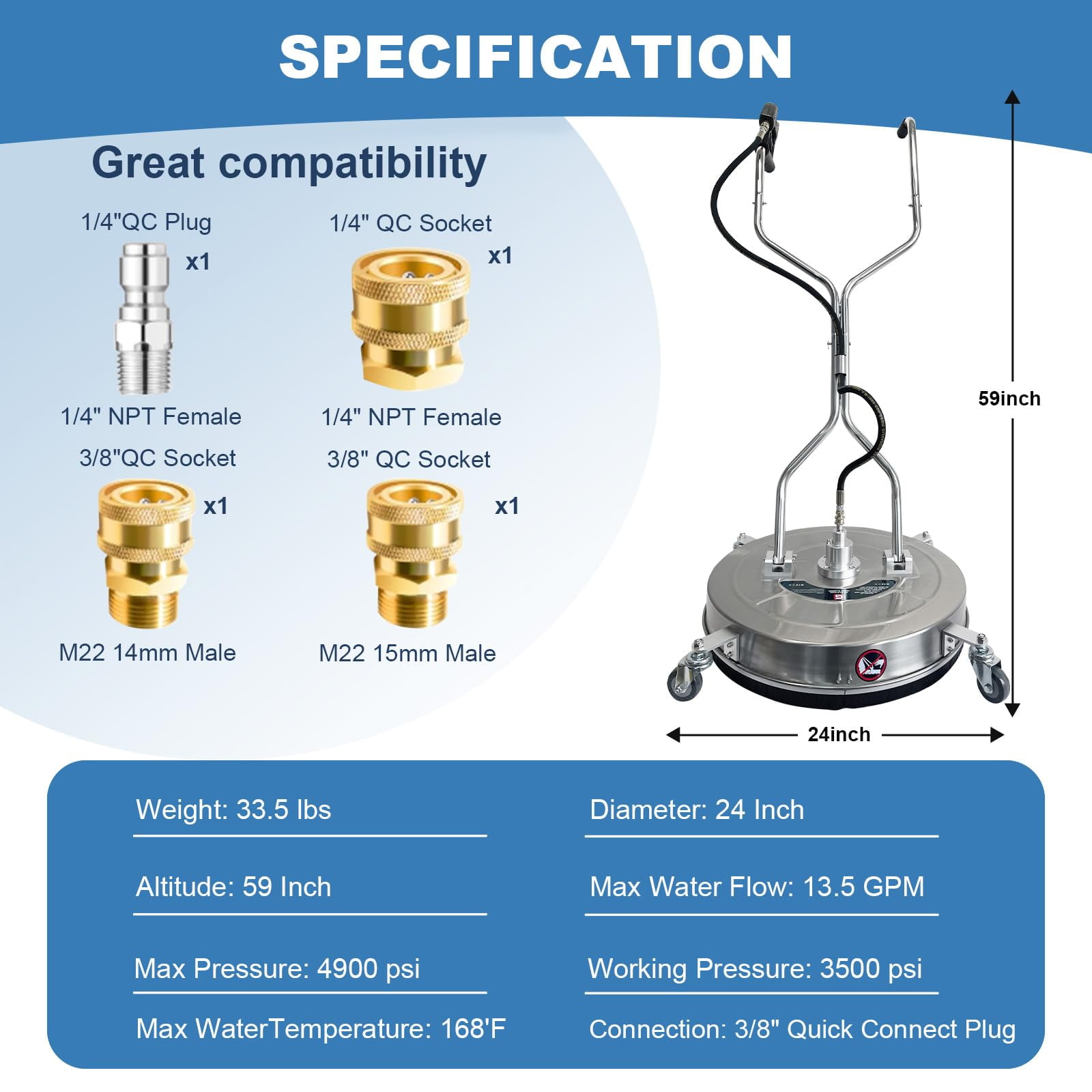 JoanKaren 24" Pressure Washer Surface Cleaner,4900PSI Max Working Pressure,Stainless Steel Dual Handle Pressure Washer