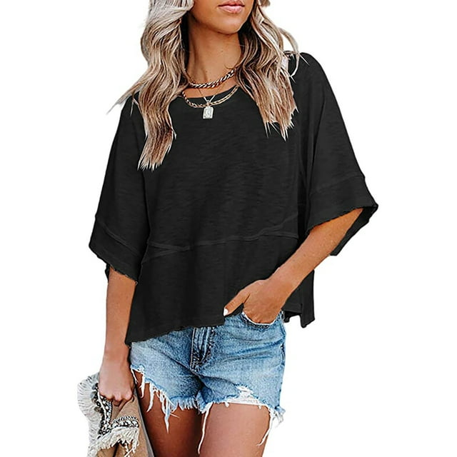 WEIYLL Womens T Shirts Solid Color Crew Neck Elbow-Length Sleeve Loose Elegant Black Tees Sizes M