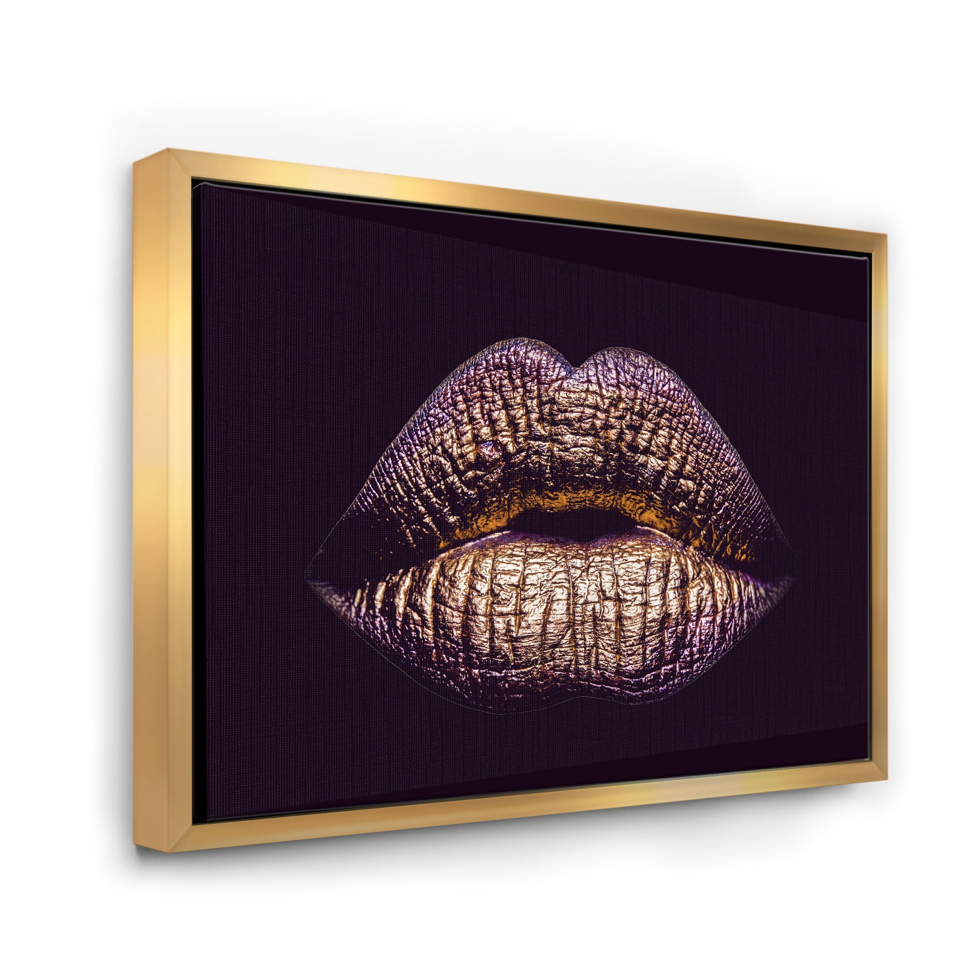 Designart 'Sexy Golden Metallized Woman Lips III' Modern Framed Canvas Wall Art Print