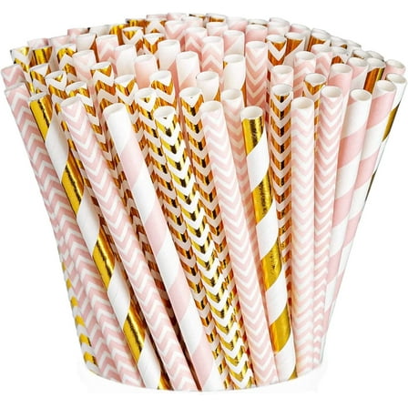 Comfy Package Light Pink & Gold Biodegradable Straws Disposable Paper Straws, 200-Pack