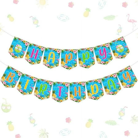 Happy Birthday Pool Party Banner Tropical Pool Party Decorations Summer Swimming Pool Birthday Party Banner for 1st 2nd 3rd Birthday Hawaiian Beach Party Coconut Flamingo Wall Decor