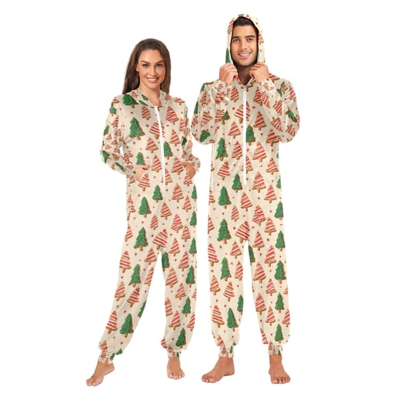 Adult Christmas Onesie Christmas Tree Shaped Gingerbread Cookies Zipper One-Piece Pajamas Unisex with Pockets