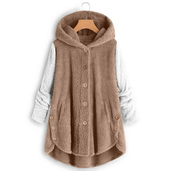 Usmixi Womens Winter Plush Coat Plus Size Hooded Overcoat for Women Fashion Color Patchwork Button Irregular Hem Outwear Cozy Fuzzy Fleece Coats with Pocket Plush Coat