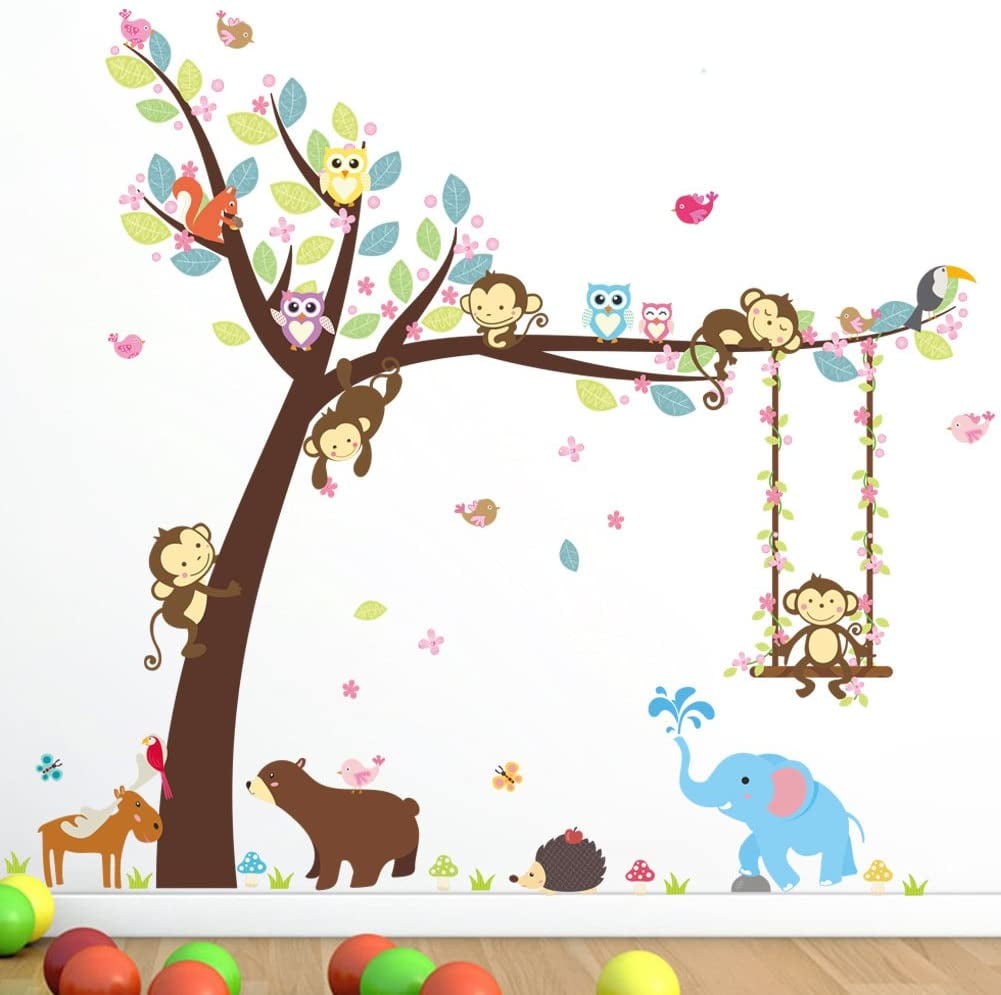 Cartoon Monkey Tree Jungle Animals Theme Wall Art Decal Sticker Mural Decoration for Living Room Nursery Kid Girl Boy Kid Children's Room Bedroom Decor