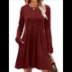 thumbnail image 2 of Vestido de Larga para Mujer, Cuello Redondo, Cintura Alta, Túnica con Bolsillos Vino Tinto XXL, 2 of 6