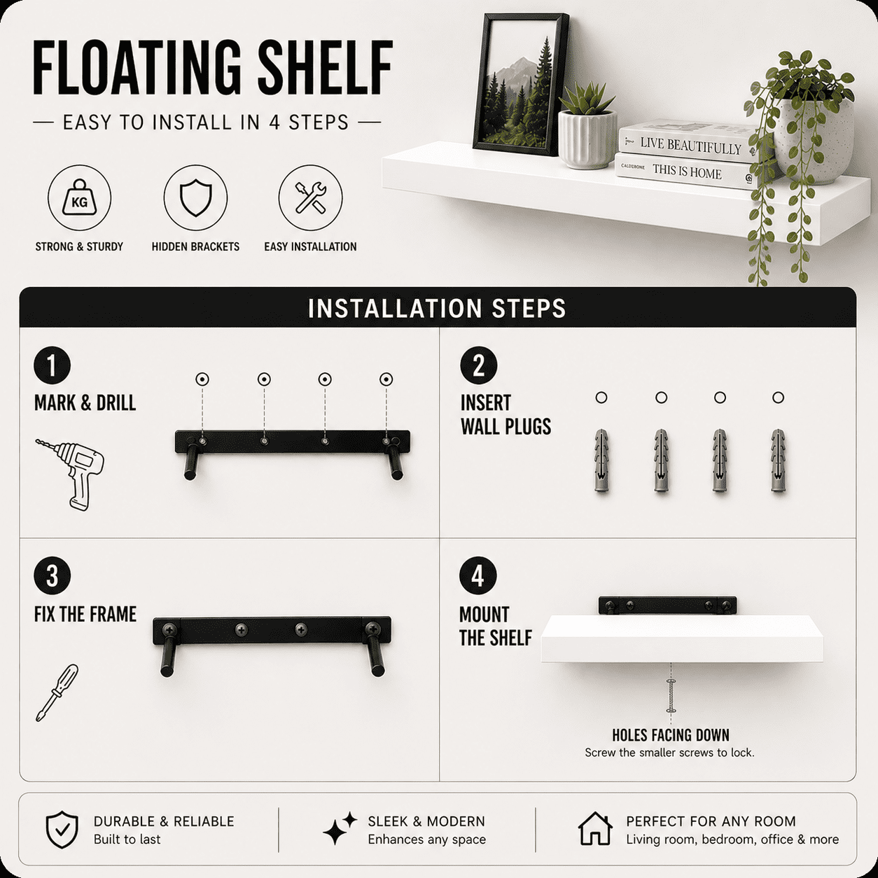 Induslyfe Large White Floating Wall Shelves, Wood Wall Mounted Shelf, Set, 22.5 x 6.7 in, Set of 2, shelf over toilet farmhouse decor