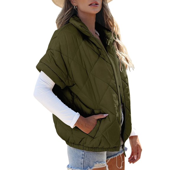 Quilted Jackets for Women Casual Short Sleeve Zip Up Warm Vests Green S