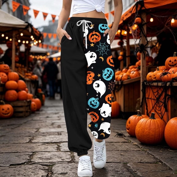 Blue Halloween Pajama Pants for Women Casual Pj Bottoms for Women Drawstring Lounge Pants with Pockets S