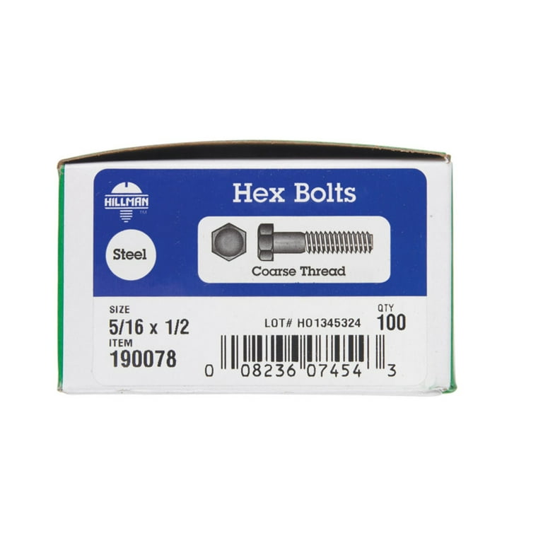 Hillman 5/16 in. D X 3 in. L Zinc Plated Steel Hex Bolt 100 pk Hillman 5/16 in. D X 3 in. L Zinc Plated Steel Hex Bolt 100 pk