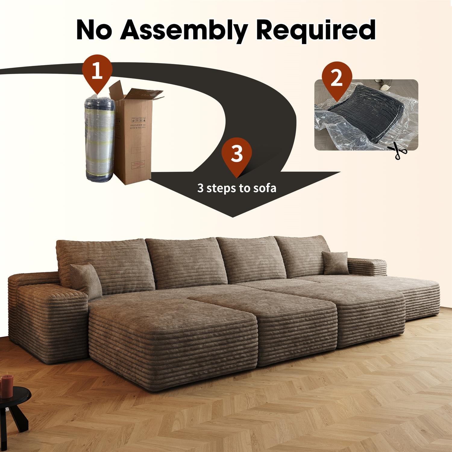 Demi Bonn 135" Spacious Modular Cloud Sofa, Plush Corduroy Fabric, 6 Seats Convertible Sofa Bed for Living Room & Apartment, Down-Filled, No Assembly, Right Chaise Beige