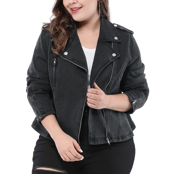 Agnes Orinda Women's Plus Size School College Motorcycle Jacket Inclined Zip Biker Denim Jean Jacket 1X Black