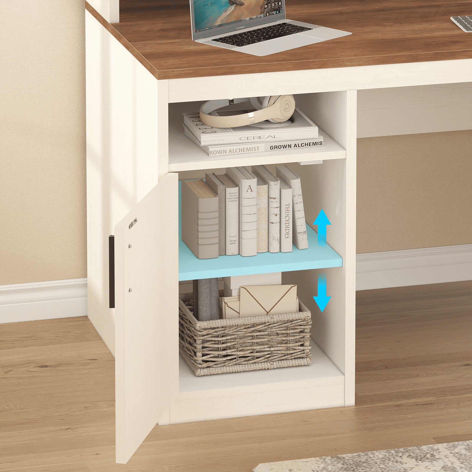 65 Inch Computer Desk with 3 Drawers & Storage Shelves, Executive Desk with File Drawer & Cabinet, Home Office Desk with Long Monitor Stand & Printer Shelf, Antique White