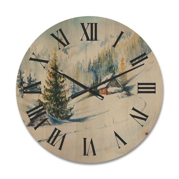 Designart 'The Winter Mountains With Little House' Traditional Wood Wall Clock