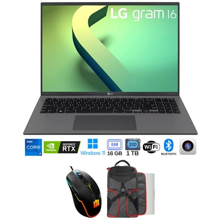 LG 16Z90Q-R.AAS8U1 gram 16Z90Q 16" Lightweight Laptop, Intel i7-1260P, 16GB RAM/1TB SSD, Black Bundle with Deco Gear Wired Gaming Mouse and Deco Gear Padded 15" - 17" Laptop Gaming Backpack