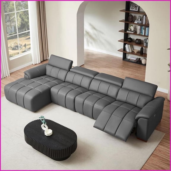 Modern 4-Seat L-Shaped Genuine Leather Wall-Hugger Reclining Sofa with USB Port for Living Room | Tight Back | Recessed Arms | Wood Frame