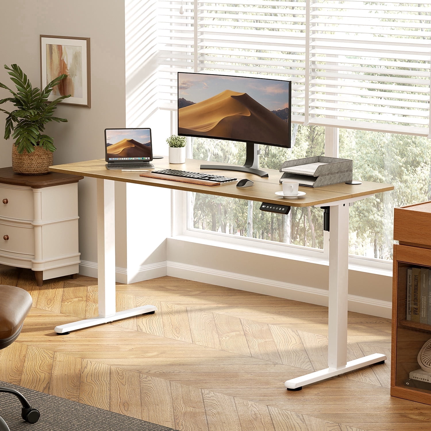 Gylador Electric Standing Desk, 55''x24'' Height Adjustable Desk with Memory Preset, Stand up Desk with Electric Lift, Electric Desk for Home, Computer Desk, Office Desk, 2 Boards, Oak