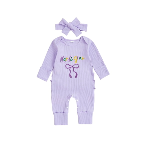 BemeyourBBs Newborn Baby Girl Mardi Gras Outfits Carnival Spring Fall Winter Clothes Purple Romper Letter Embroidery Long Sleeve Jumpsuit Headband