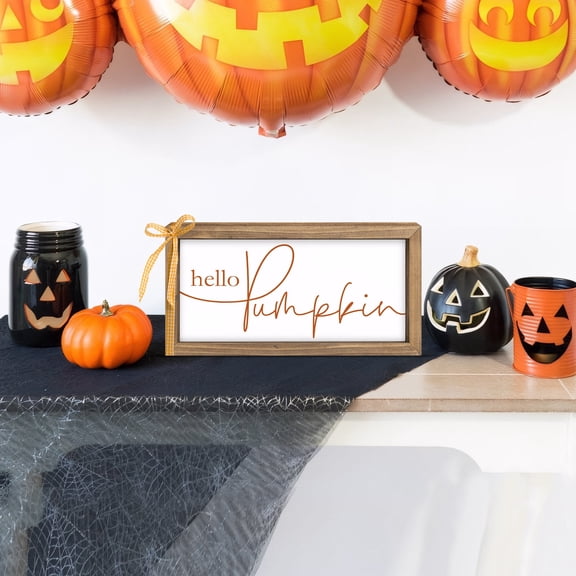 11.8×6 Inch Hello Pumpkin Sign, White Wooden Fall Decorations for Home Farmhouse, Autumn Decor Indoor Table Wall Shelf Desk Mantle Office Rustic Thanksgiving Harvest Decorative Signage