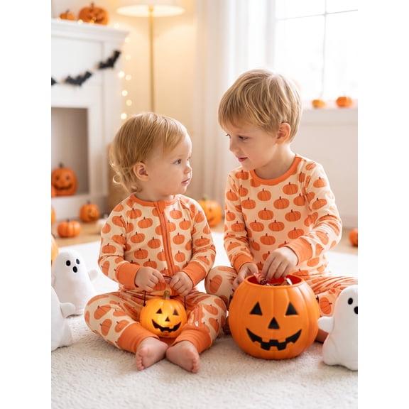 MOSSRIVER Kids Halloween Pumpkin Bamboo Viscose 2‑Piece Long Sleeve Sleep Outfit for Toddler Boys Girls