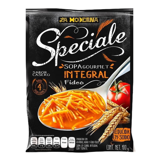 sopa de fideo la moderna speciale gourmet integral con tomate 100 g paquete frontal con cuchara llena de fideo en caldo rojo, ilustración de tomate y espigas de trigo, etiqueta 'Integral' y 'Reducida en sodio', apta como sopa preparada para la despensa.