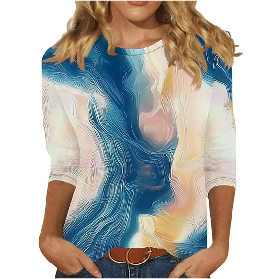 CYMMPU Summer Fashion Shirts Crew Neck Blouses for Women Dressy Casual Tunic Tops Loose Fit 3/4 Sleeve Floral Printed Spring Tops Lightweight Basic T-Shirts Multicolor L