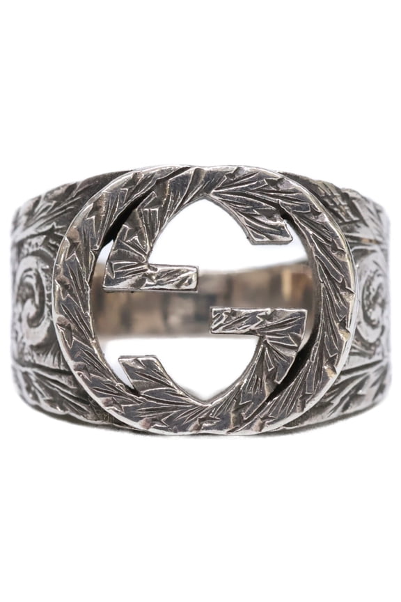 Pre-Owned GUCCI Ag925 Interlocking GG Arabesque Ring, Size 12, Silver, Men's