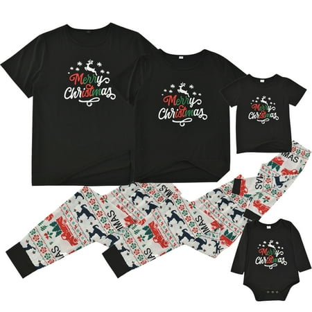 

JWZUY Merry Christmas Letter Print Family Matching Black Short-sleeve T-Shirts Pants Pajamas Sets For Boys Girls Women Men
