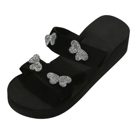 

Slipper Sandals Shoes for Women Hard Sole Slippers Womens Sandals Women Slope Heel Thick Bottom Beach Slippers Shoelace Diamond Butterfly Home Outdoor Beach Slippers