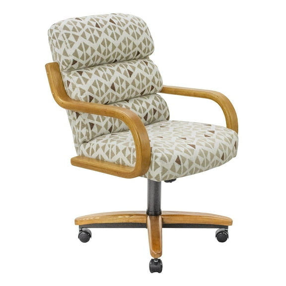 Chromcraft Swivel-Tilt Dining Chairs on Casters, Chestnut Solid Wood Accents, Textured Bronze Pedestal Base, Bodega Mineral Upholstery, set of 1