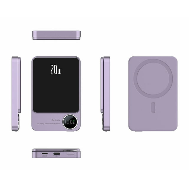 yeacher Ultra-Slim Magnetic Power Bank with 5000mAh Capacity, 20W PD Fast Charging, Magsafe Wireless Charging, and Compact Design in Purple