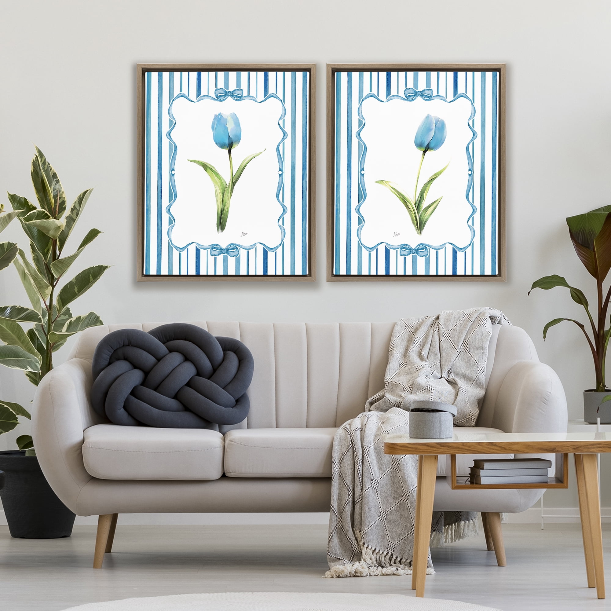 Stupell Industries Blue Tulips with Feminine Ribbon 2 Piece Brown Framed Floater Canvas Set, design by Nan