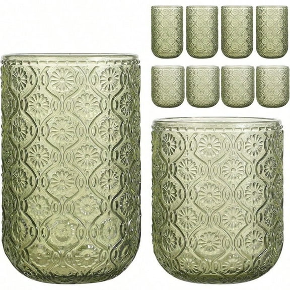 Set of 8 Vintage Emed Glassware4 Highball Glasses 14oz 4 Rocks Drinking Glasses 9oz Art Deco for Wine Water Cocktail Juice Whiskey Gift Green