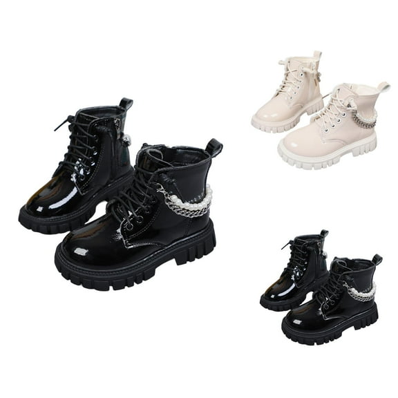 Girls Boots Girls Combat Boots Girls Glitter Chain Ankle Boots for Big Kids British Style Fashion Short Boots Leather Soft Sole Autumn Winter Comfy Footwear