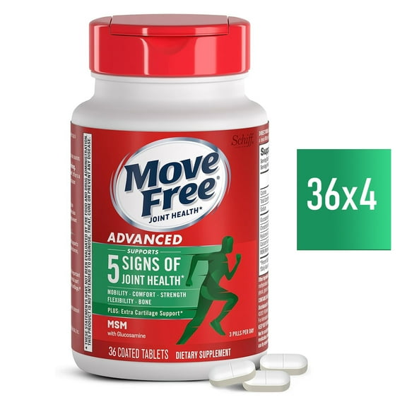 Move Free Advanced Glucosamine Chondroitin MSM Joint Support Supplement, Supports Mobility Comfort Strength Flexibility & Bone - 36 Count 4 Pack (Total 144)