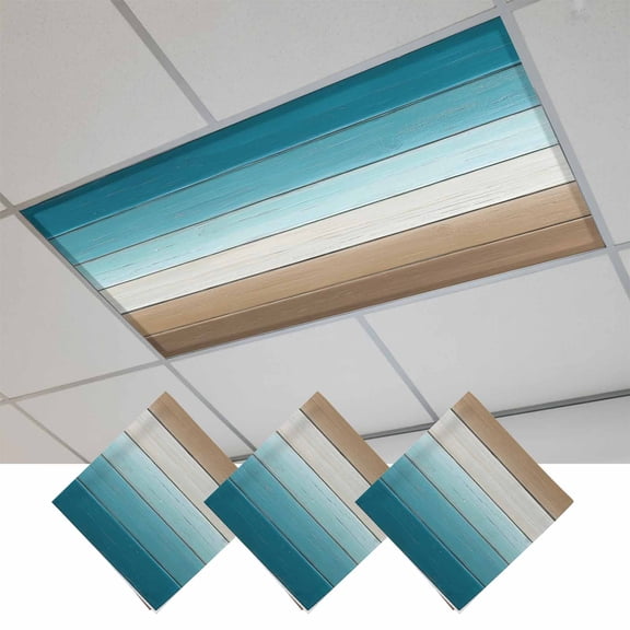 Turquoise Brown Magnetic Fluorescent Light Covers for Ceiling Lights 2x4Ft, Farmhouse Retro Wooden Grain Striped Office Classroom Kitchen Drop Ceiling Light Covers Lighting Filters Shade Panel 3Packs