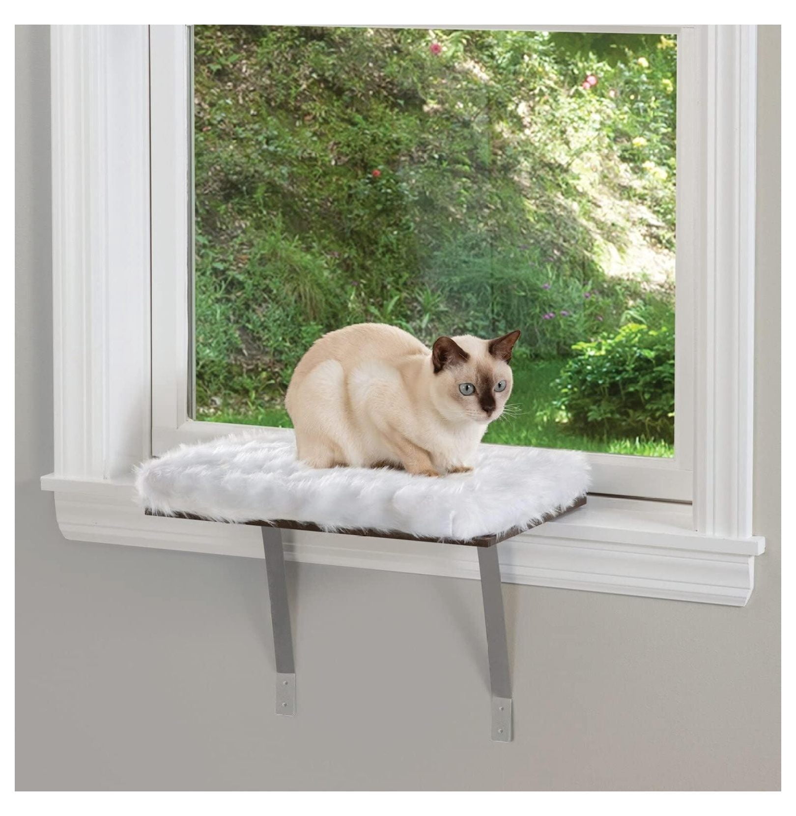Window Mount Cat Perch - Window Sill Shelf, Padded Cat Wall Bed, Space Saving Furniture for Pets, Removable Faux Sheepskin Cover, Holds 20-35 Pounds