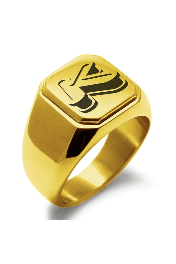 Stainless Steel Letter K Initial 3D Monogram Engraved Engraved Square Flat Top Biker Style Polished Signet Ring