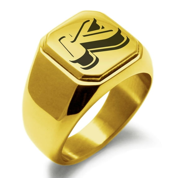 Stainless Steel Letter K Initial 3D Monogram Engraved Engraved Square Flat Top Biker Style Polished Signet Ring