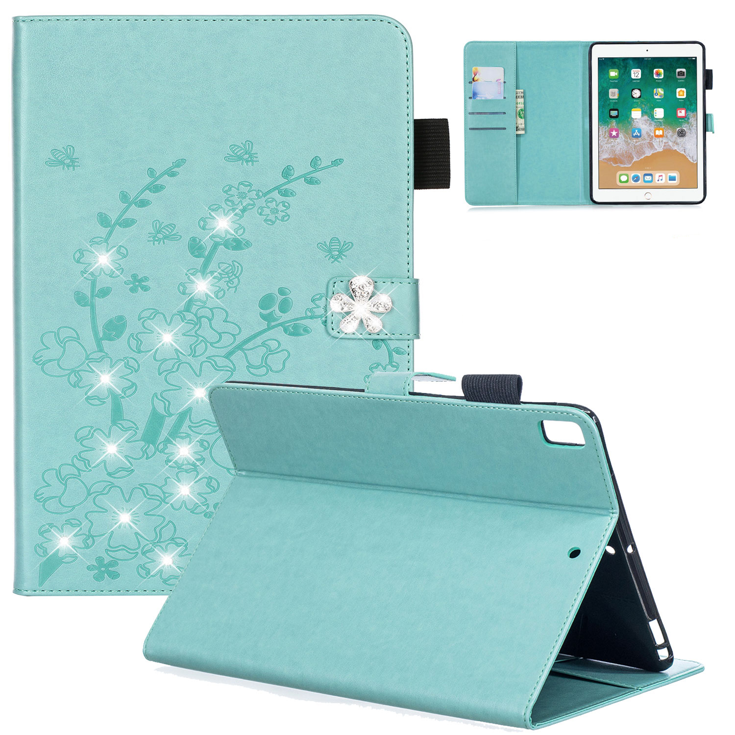 iPad 9.7" 2017/2018 Case, iPad Pro 9.7" Cover, iPad Air 2 1 Case, Allytech 3D Plum Blossom Series PU Leather Multi-Card Slots Wallet Case with Kickstand Function for Apple 9.7-inch Tablet, Green - image 1 of 1