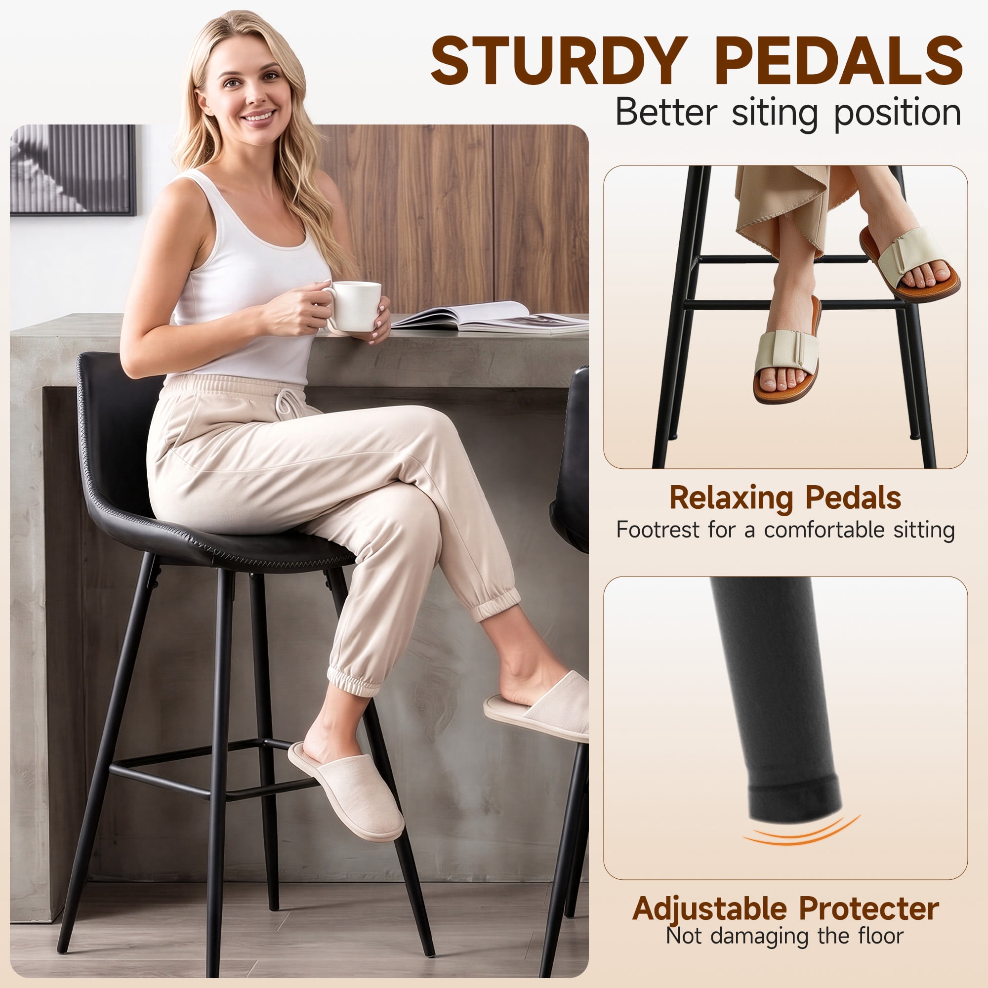 COOLHUT 24 Inch Bar Stools Set of 3, Counter Height Bar Chair with Footrest, Upholstered Faux Leather Bar Chair, Counter Stools with Sturdy Metal Legs, Black