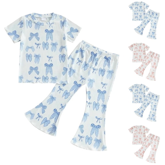 BRGZLK Toddler Baby Girl Clothes Summer Fashion Casual Cute Outfits Short Sleeve T Shirt Tops Bell Bottom Pant Kids Ribbed Outfit